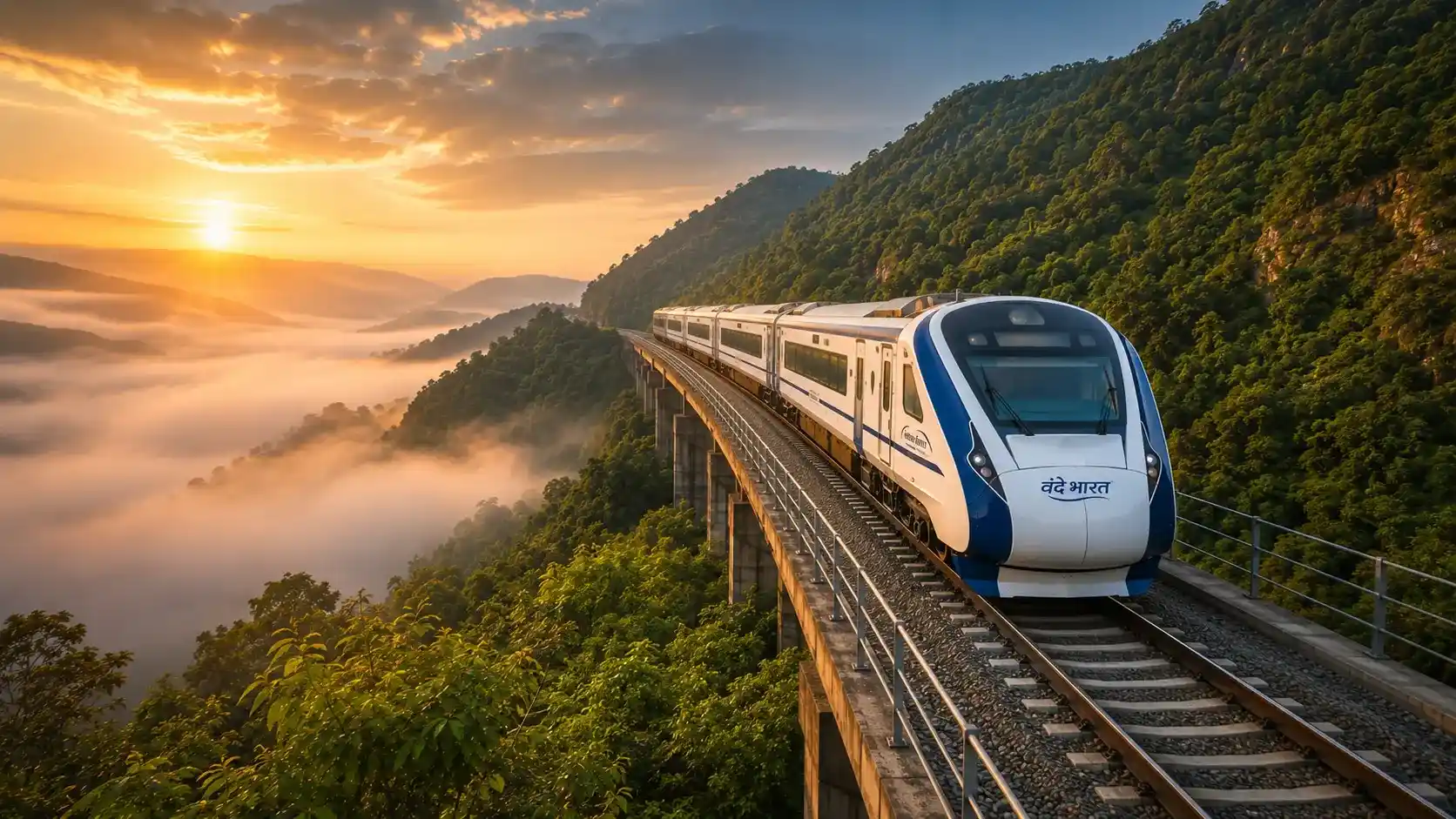 Vande Bharat Express train running on railway tracks at sunset