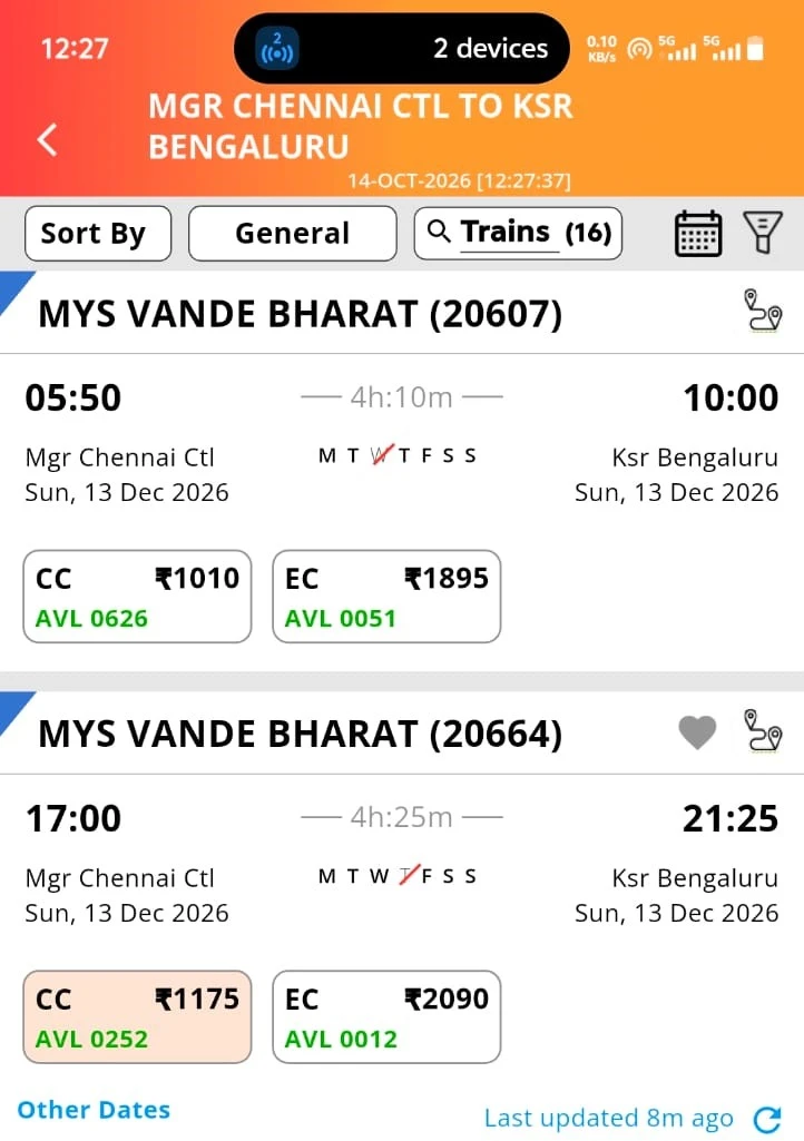 Chennai to Bangalore Exact Fare