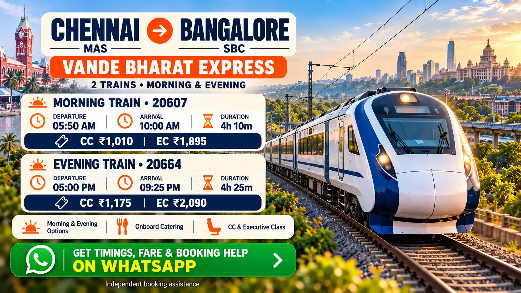 AI-generated Vande Bharat Chennai to Bangalore infographic comparing morning train 20607 and evening train 20664 timings and fares.