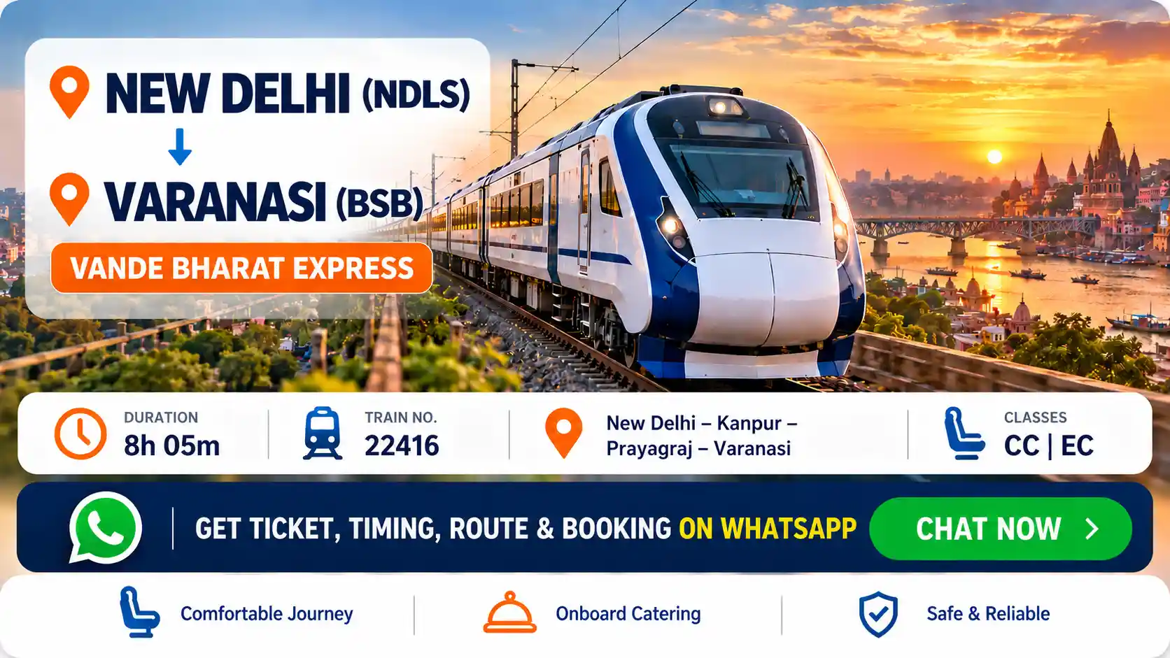 Vande Bharat train on tracks at sunset with New Delhi to Varanasi route banner showing duration and classes
