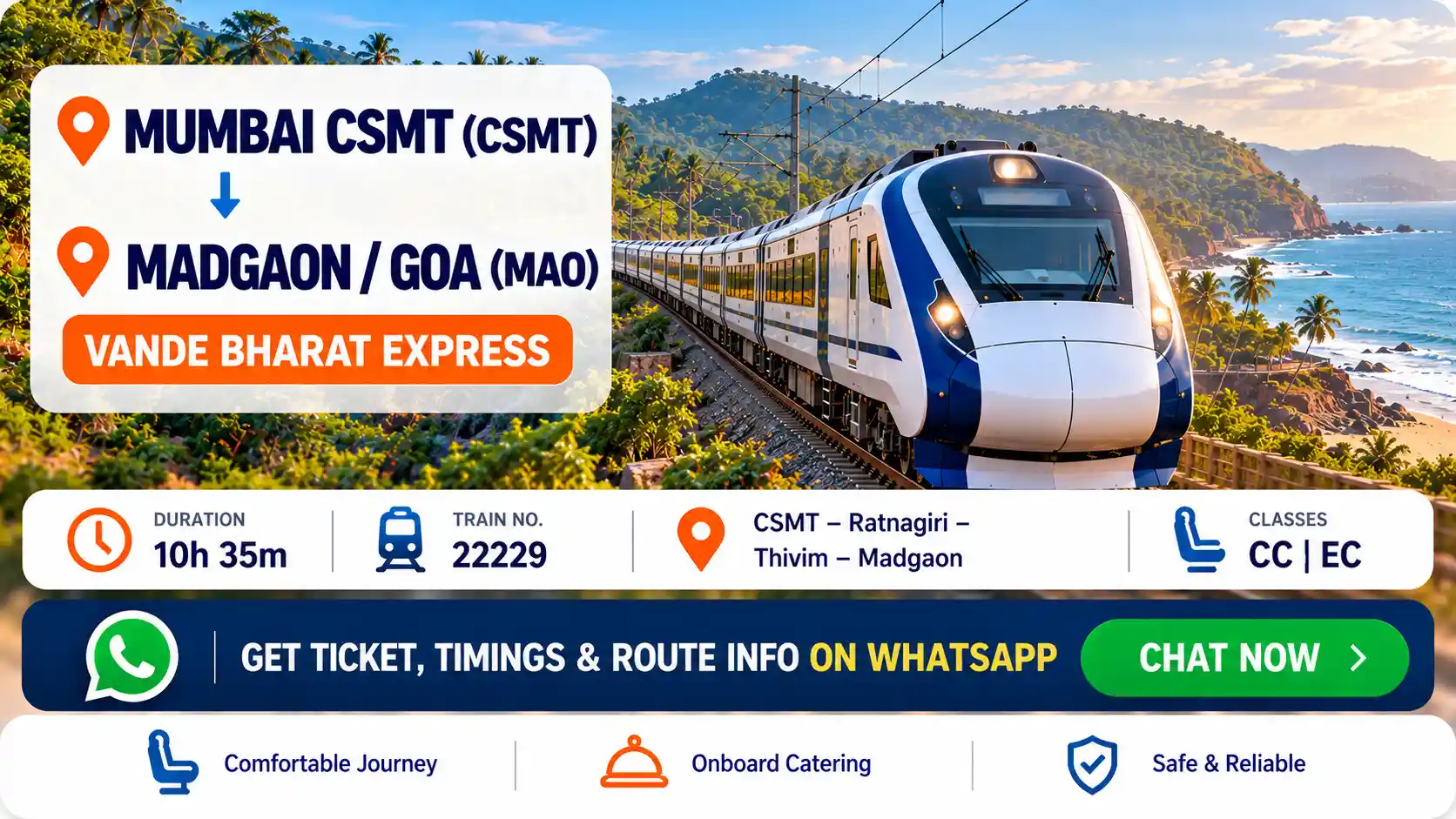 Vande Bharat train on Konkan route tracks with Mumbai CSMT to Madgaon Goa banner showing duration and classes