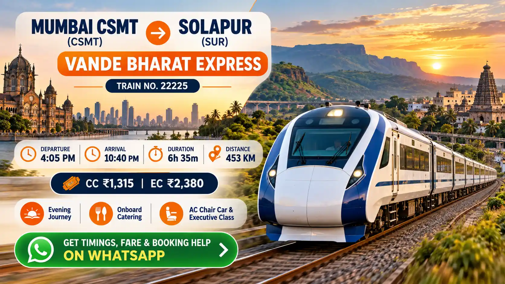 Vande Bharat Express Mumbai to Solapur Ticket Price route, timing and fare graphic