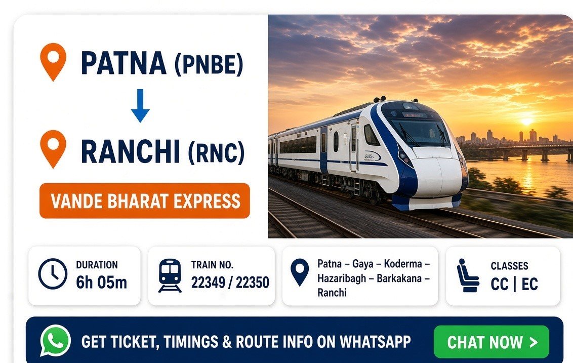 Patna to Ranchi Vande Bharat Express route card showing duration 6h 05m, train 22349, classes CC and EC